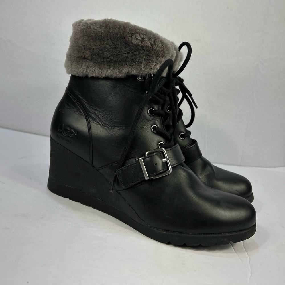 UGG Black Lace Up Boots with Gray Fur Trim